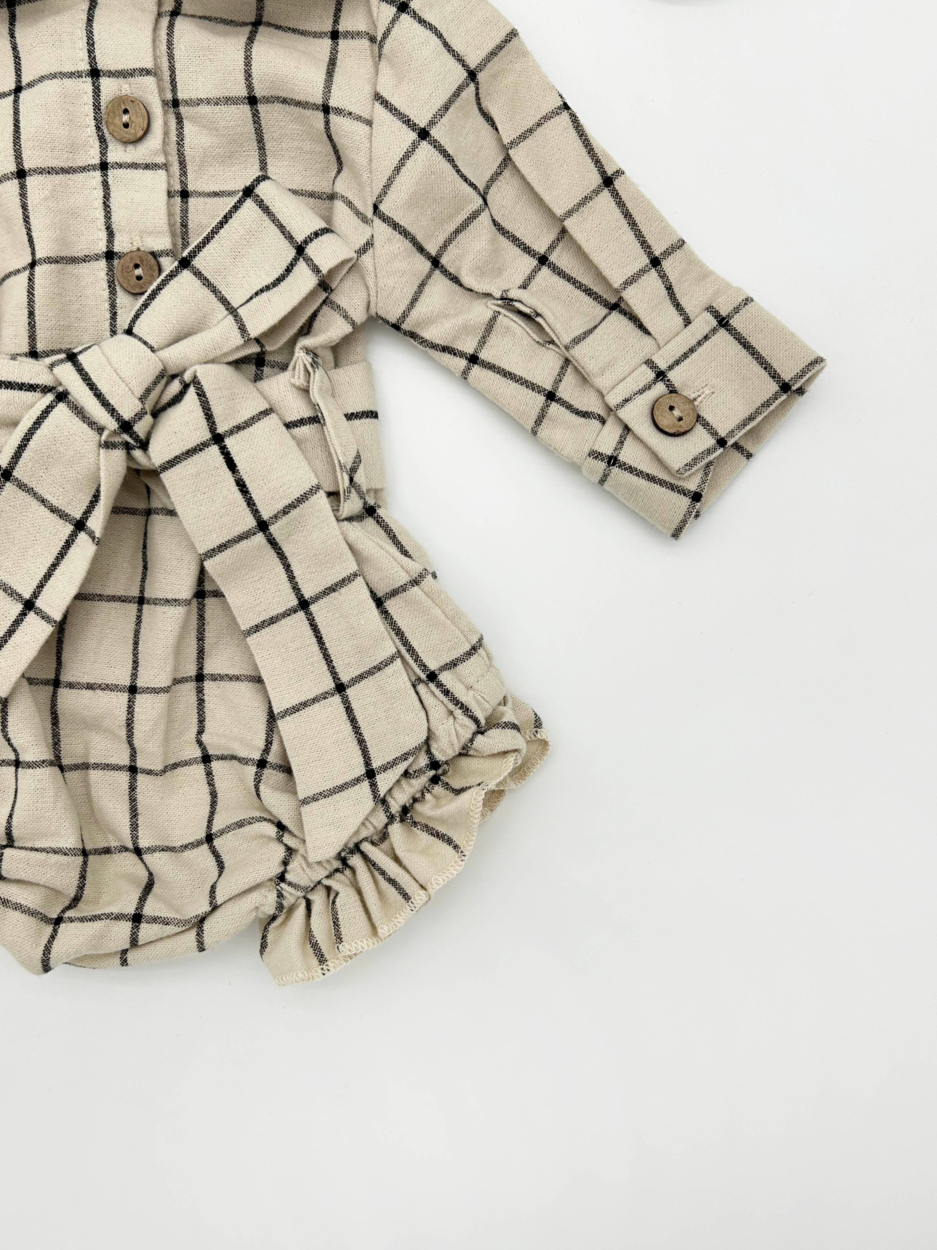 Plaid Cotton Romper: Romper + Bow + Tan socks