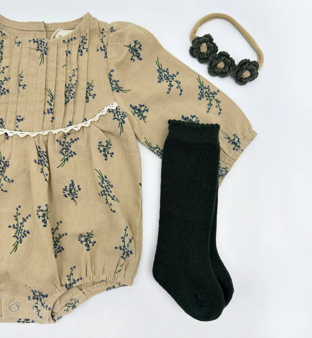 Mabel Long Sleeve Romper: Romper 2pc + Green Socks