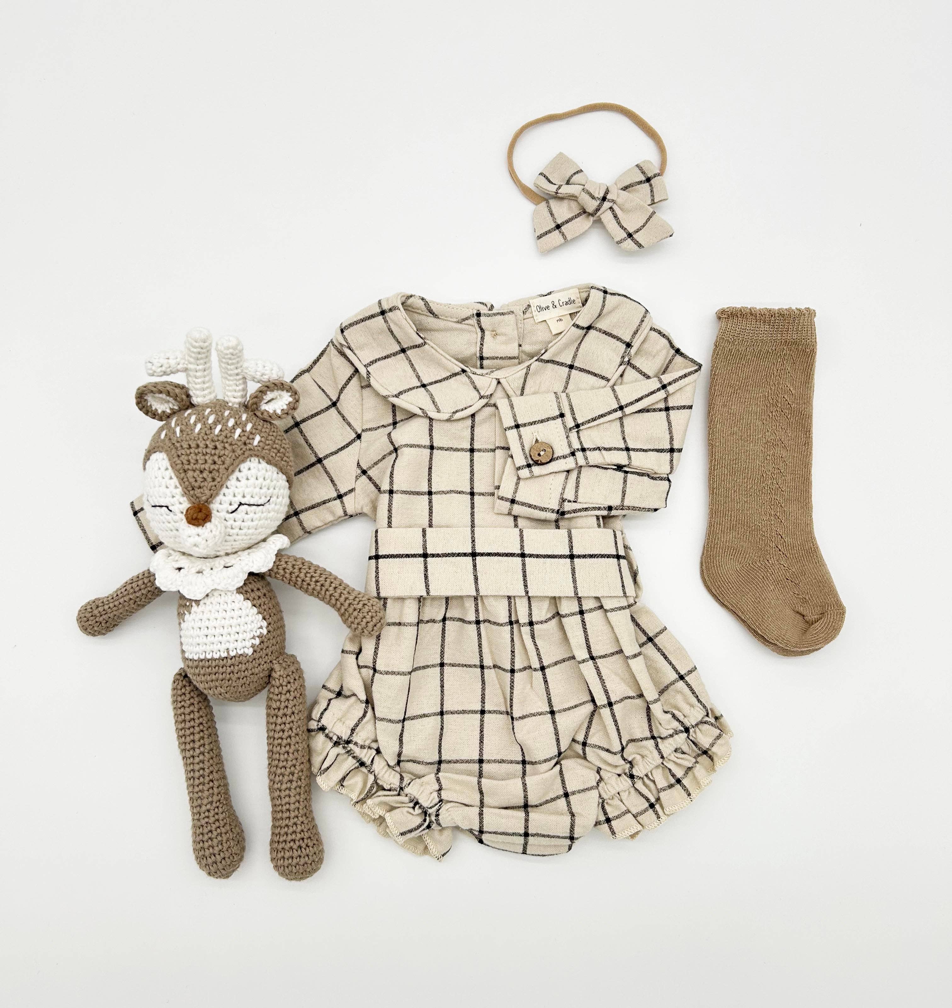 Plaid Cotton Romper: Romper + Bow + Tan socks