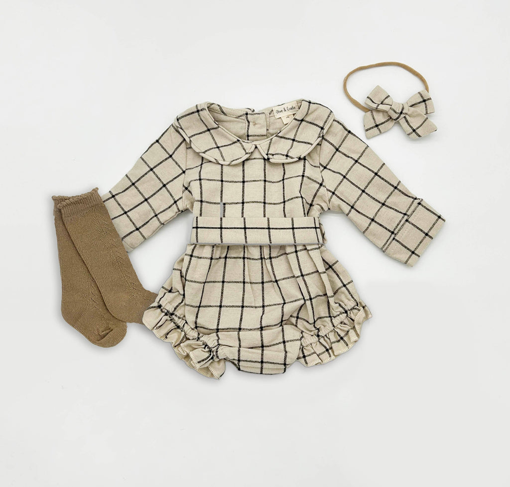 Plaid Cotton Romper: Romper + Bow + Tan socks
