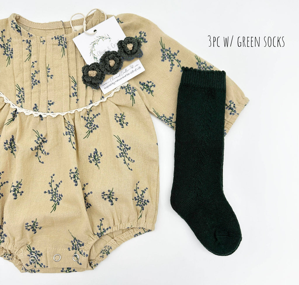 Mabel Long Sleeve Romper: Romper 2pc + Green Socks