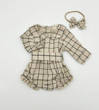 Plaid Cotton Romper: Romper + Bow + Tan socks
